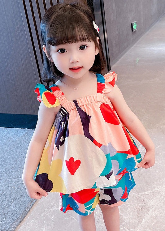 Lovely Slash Neck Print Cotton Girls Top And Shorts Two Pieces Set Summer Ada Fashion