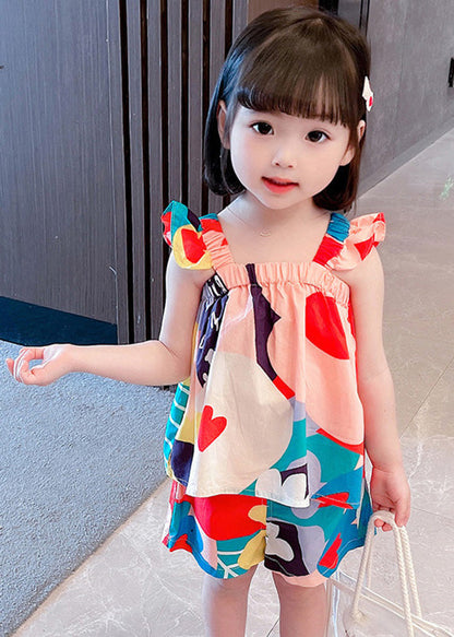 Lovely Slash Neck Print Cotton Girls Top And Shorts Two Pieces Set Summer Ada Fashion