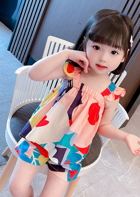 Lovely Slash Neck Print Cotton Girls Top And Shorts Two Pieces Set Summer Ada Fashion