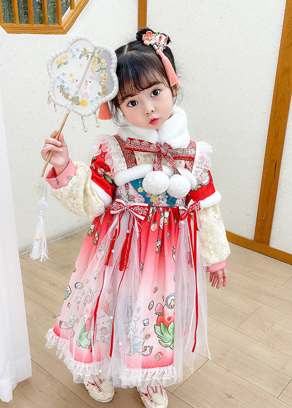 Lovely Steawberry Rabbit Print Patchwork Warm Fleece Kids Tulle Long Dress Long Sleeve Ada Fashion