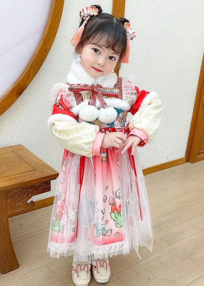 Lovely Steawberry Rabbit Print Patchwork Warm Fleece Kids Tulle Long Dress Long Sleeve Ada Fashion