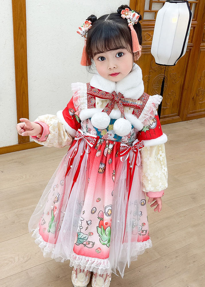 Lovely Steawberry Rabbit Print Patchwork Warm Fleece Kids Tulle Long Dress Long Sleeve Ada Fashion