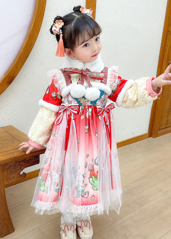 Lovely Steawberry Rabbit Print Patchwork Warm Fleece Kids Tulle Long Dress Long Sleeve Ada Fashion