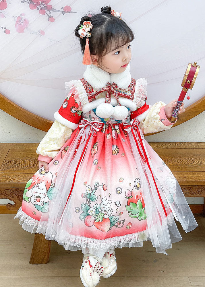 Lovely Steawberry Rabbit Print Patchwork Warm Fleece Kids Tulle Long Dress Long Sleeve Ada Fashion