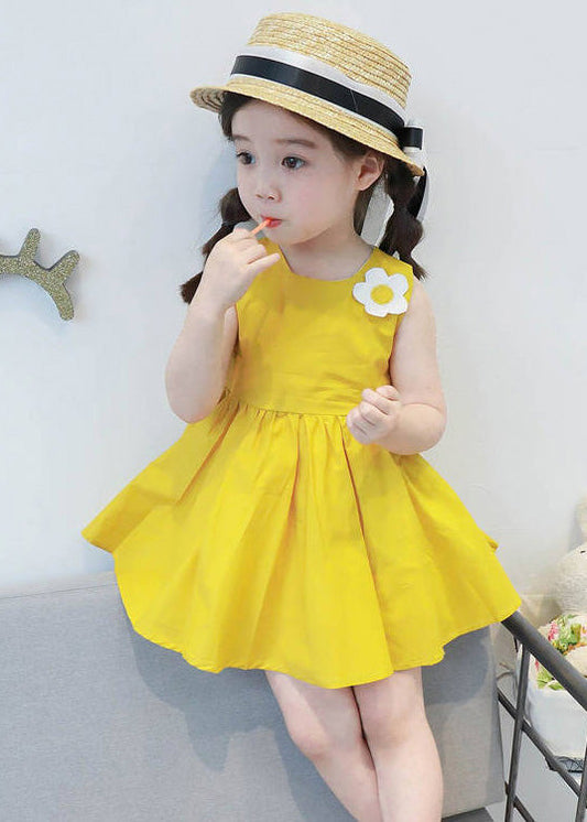 Lovely Yellow Floral Patchwork Cotton Girls Mid Dresses Sleeveless LY6431 - fabuloryshop