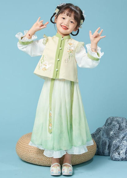 Lovely Yellow Green Stand Collar Embroideried Kids Top And Maxi Skirts Two Piece Set Fall Ada Fashion