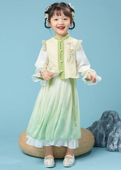 Lovely Yellow Green Stand Collar Embroideried Kids Top And Maxi Skirts Two Piece Set Fall Ada Fashion