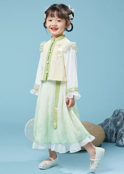 Lovely Yellow Green Stand Collar Embroideried Kids Top And Maxi Skirts Two Piece Set Fall Ada Fashion