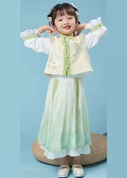 Lovely Yellow Green Stand Collar Embroideried Kids Top And Maxi Skirts Two Piece Set Fall Ada Fashion