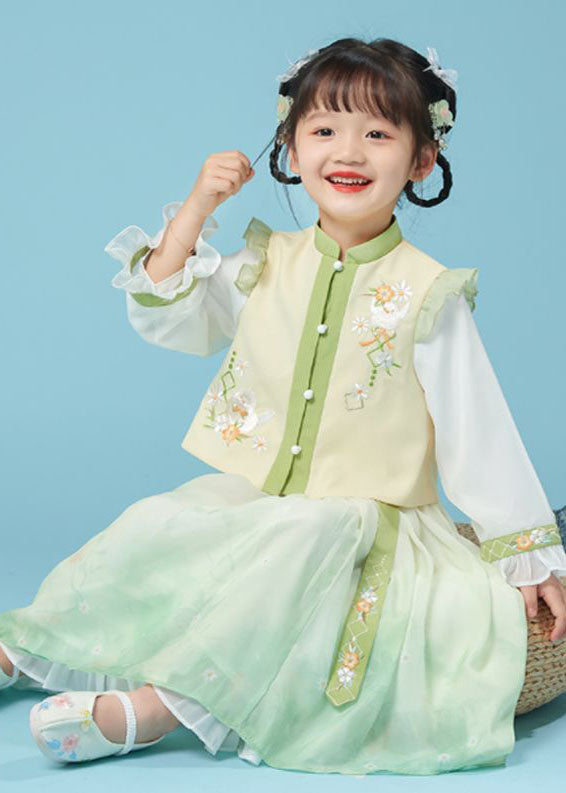 Lovely Yellow Green Stand Collar Embroideried Kids Top And Maxi Skirts Two Piece Set Fall Ada Fashion