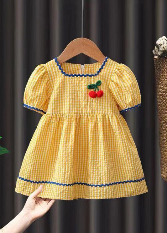 Lovely Yellow Plaid Floral Patchwork Cotton Baby Maxi Dress Short Sleeve LY6448 - fabuloryshop