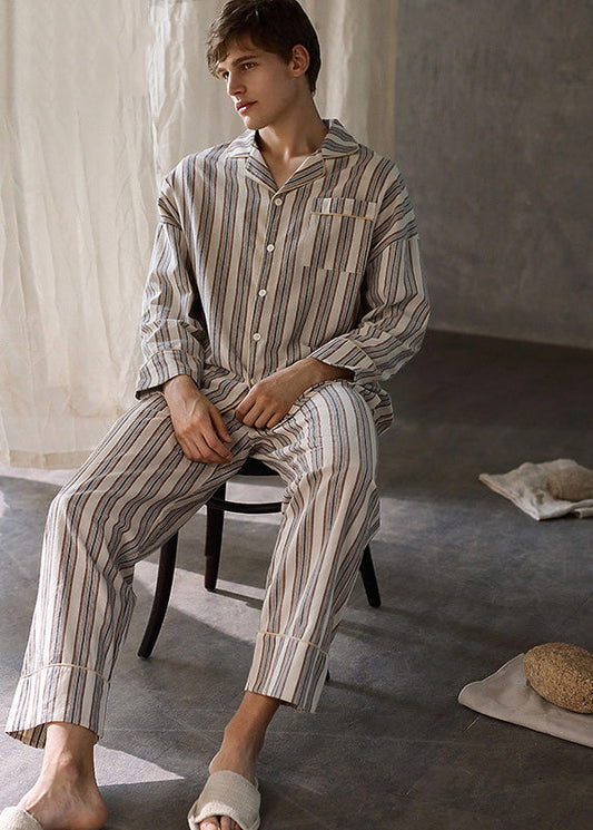 Man Peter Pan Collar Striped Button Cotton Pajamas Two Pieces Set Long Sleeve TO1026 - fabuloryshop