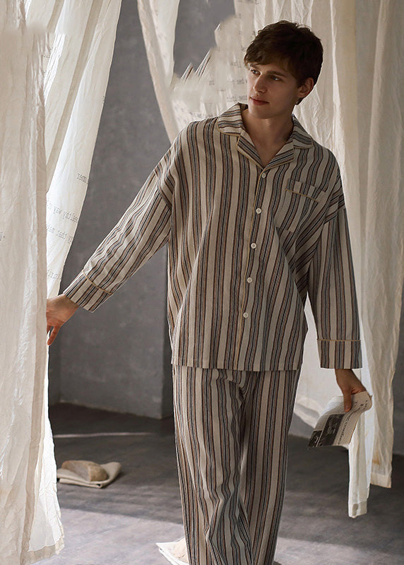 Man Peter Pan Collar Striped Button Cotton Pajamas Two Pieces Set Long Sleeve LY1893 - fabuloryshop