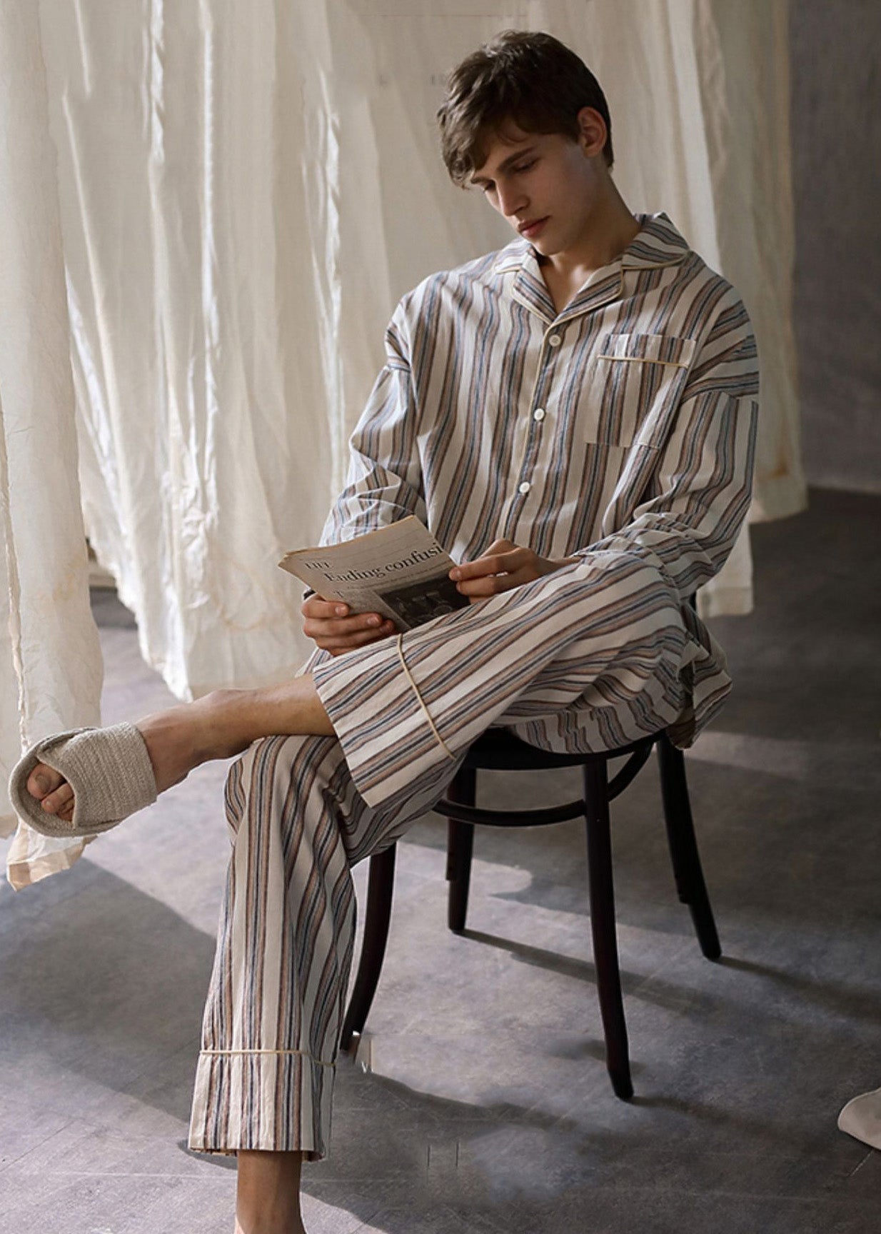 Man Peter Pan Collar Striped Button Cotton Pajamas Two Pieces Set Long Sleeve LY1893 - fabuloryshop