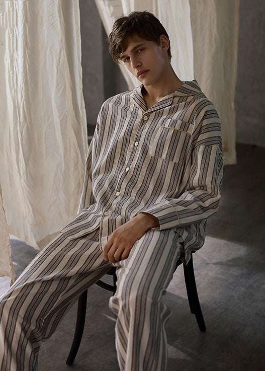 Man Peter Pan Collar Striped Button Cotton Pajamas Two Pieces Set Long Sleeve LY1893 - fabuloryshop