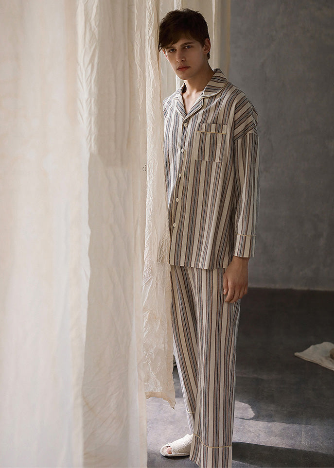 Man Peter Pan Collar Striped Button Cotton Pajamas Two Pieces Set Long Sleeve LY1893 - fabuloryshop