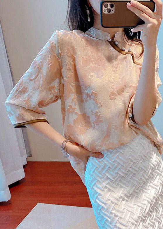 Mandarin Collar Light Pink Stand Collar Zircon Button Silk Tops Half Sleeve LY3781 - fabuloryshop