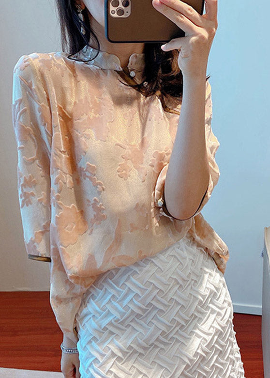 Mandarin Collar Light Pink Stand Collar Zircon Button Silk Tops Half Sleeve LY3781 - fabuloryshop