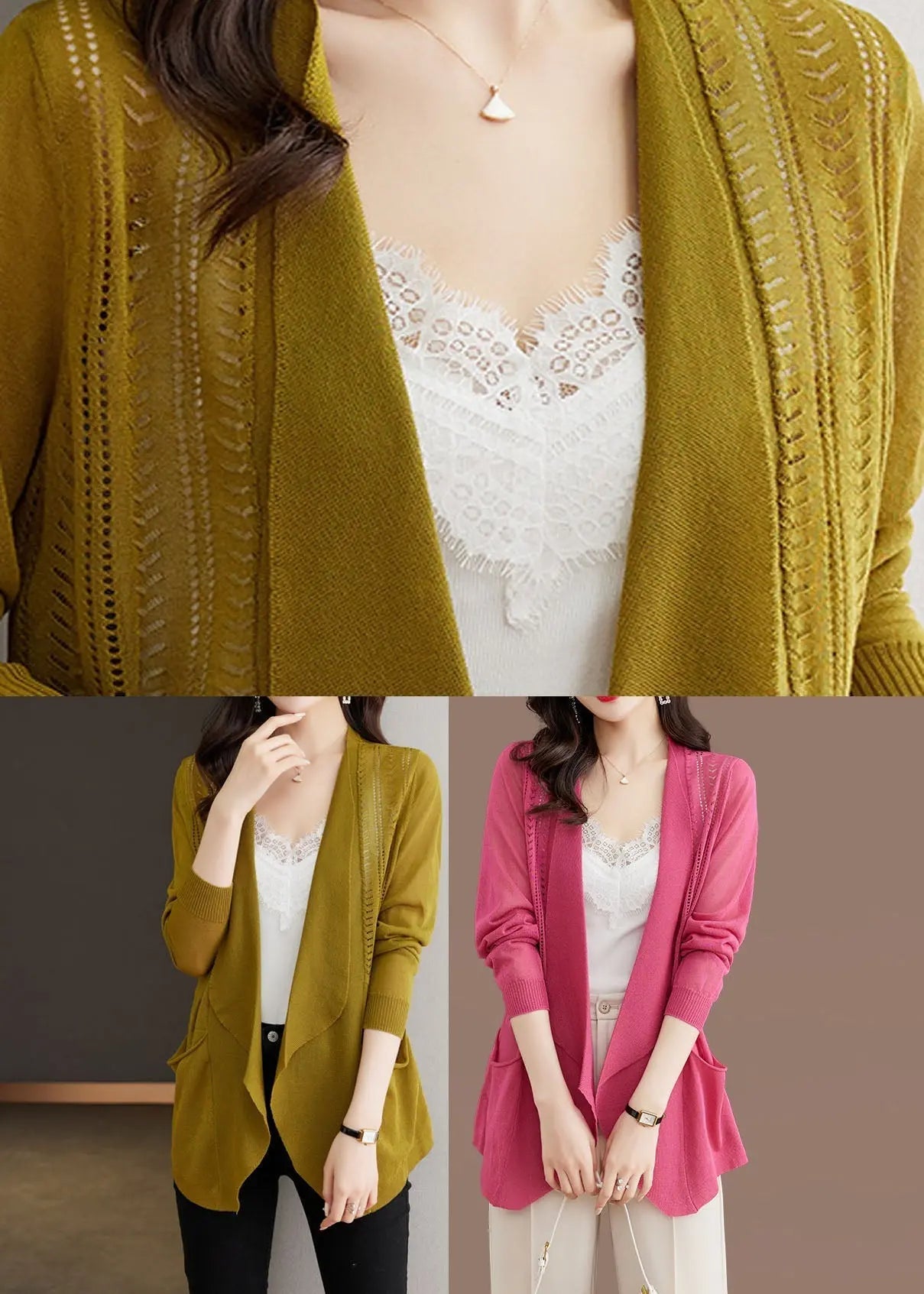 Matcha Colour Hollow Out Ice Size Knit Cardigans Long Sleeve Ada Fashion