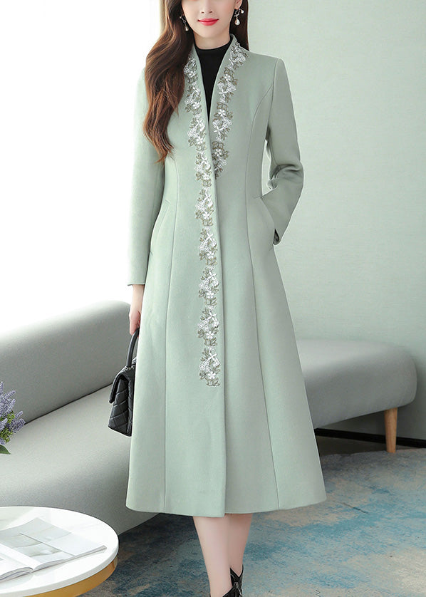 Mint Green Embroideried Floral Woolen Maxi Trench Coat Long Sleeve LY1714 - fabuloryshop