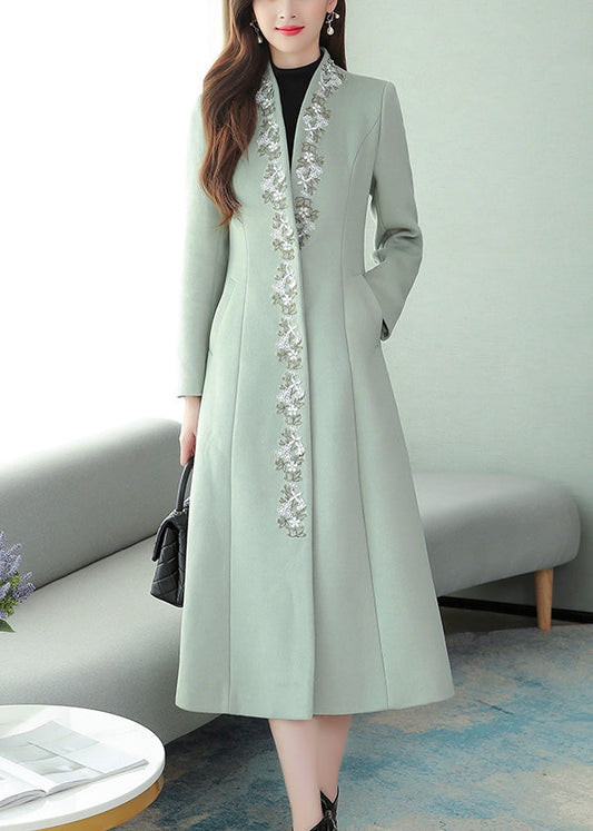 Mint Green Embroideried Floral Woolen Maxi Trench Coat Long Sleeve LY1714 - fabuloryshop