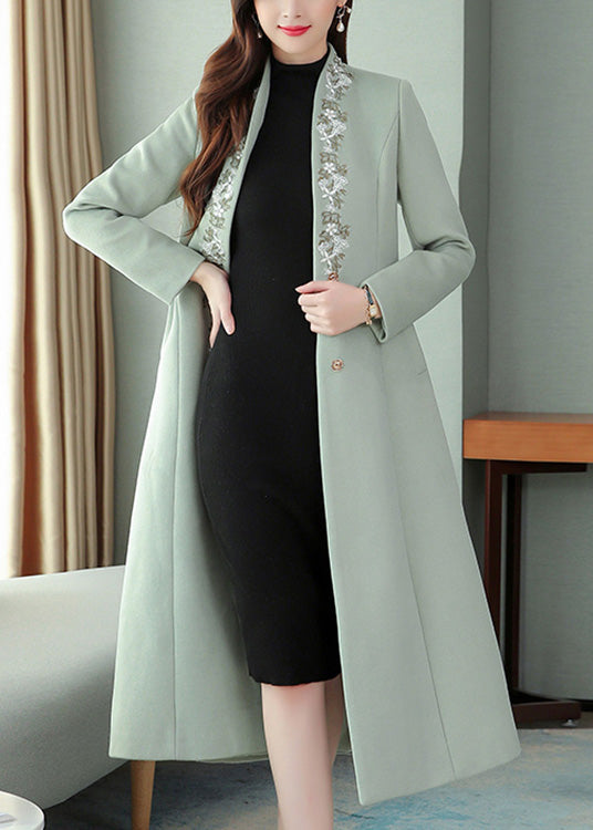 Mint Green Embroideried Floral Woolen Maxi Trench Coat Long Sleeve LY1714 - fabuloryshop