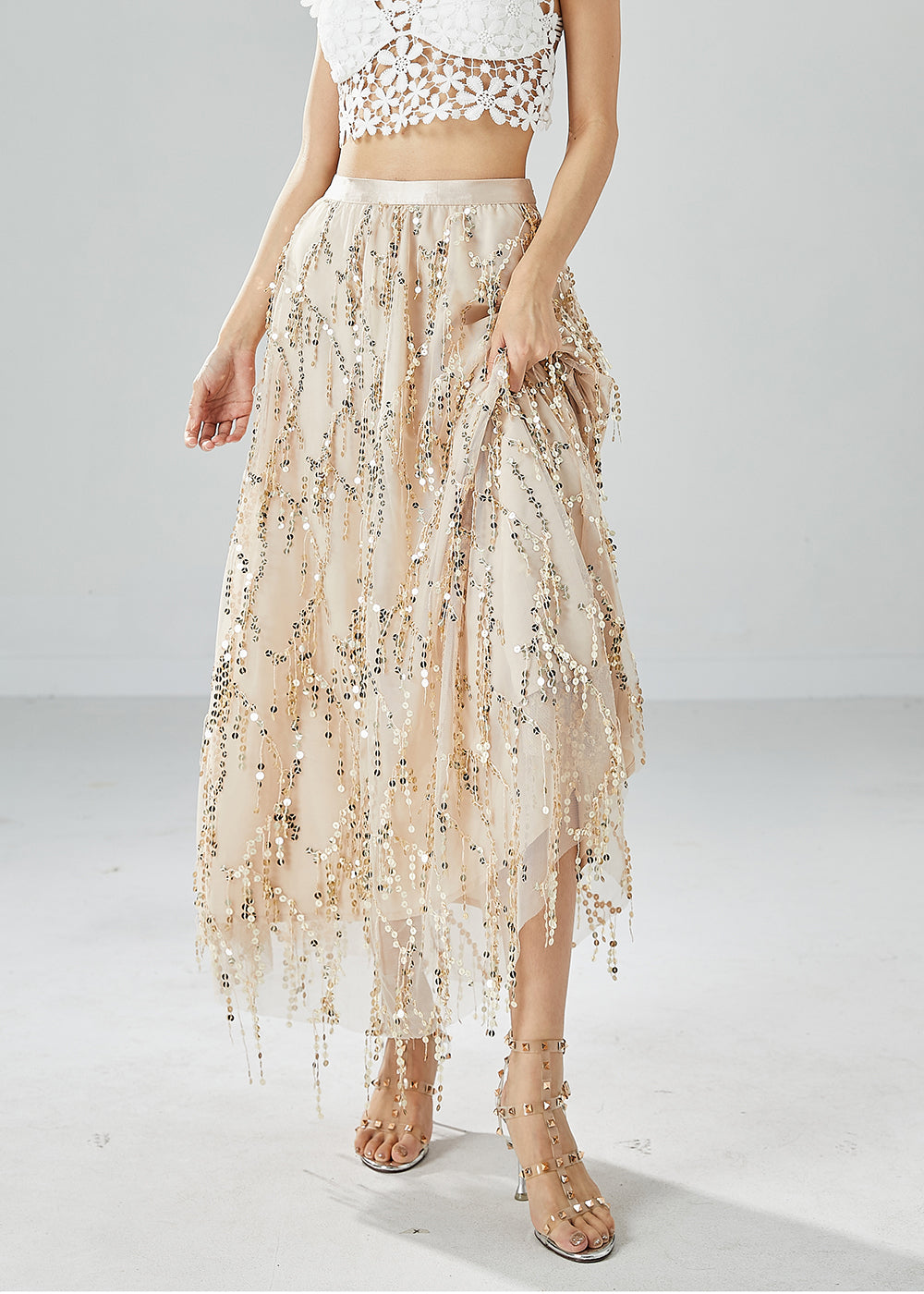 Modern Apricot Sequins Tassel Tulle Skirt Summer LY6088 - fabuloryshop