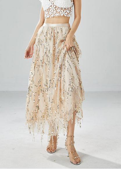 Modern Apricot Sequins Tassel Tulle Skirt Summer LY6088 - fabuloryshop