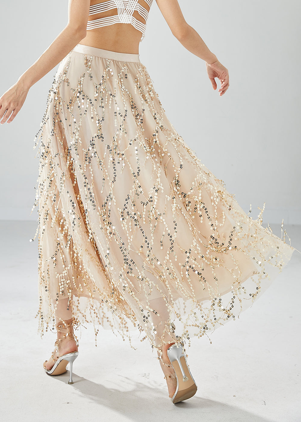 Modern Apricot Sequins Tassel Tulle Skirt Summer LY6088 - fabuloryshop