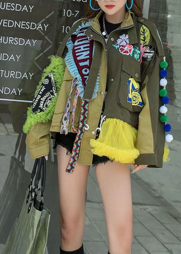 Modern Army Green Tulle Ruffled Sequins Patchwork Denim Jacket Spring LY3945 - fabuloryshop