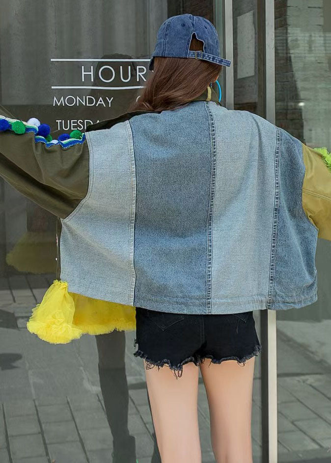 Modern Army Green Tulle Ruffled Sequins Patchwork Denim Jacket Spring LY3945 - fabuloryshop