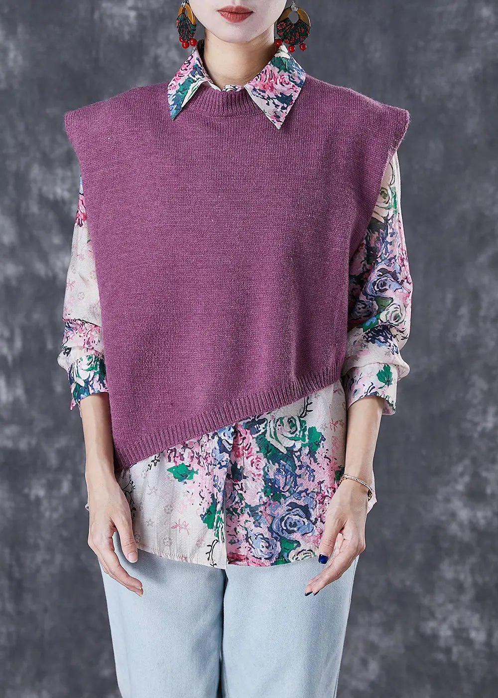 Modern Asymmetrical Print Knit Vest And Shirts Two-Piece Set Fall Ada Fashion