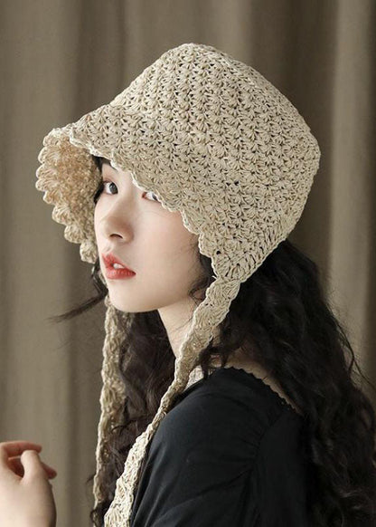 Modern Beige Lace Up Straw Woven Bucket Hat LC0551 - fabuloryshop