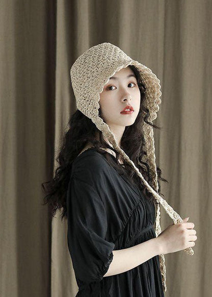 Modern Beige Lace Up Straw Woven Bucket Hat LC0551 - fabuloryshop