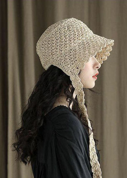 Modern Beige Lace Up Straw Woven Bucket Hat LC0551 - fabuloryshop