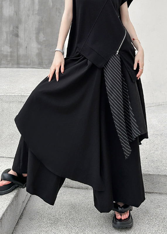 Modern Black Asymmetrical PocketsPatchwork Cotton Wide Leg Pants Fall Ada Fashion