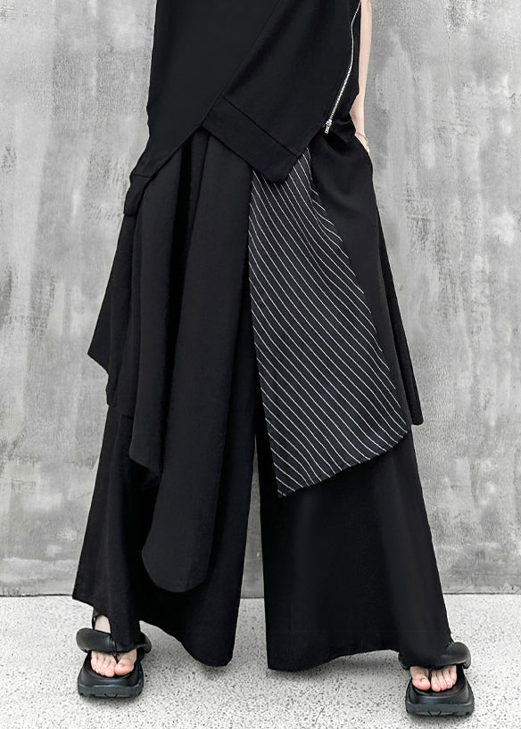 Modern Black Asymmetrical PocketsPatchwork Cotton Wide Leg Pants Fall Ada Fashion