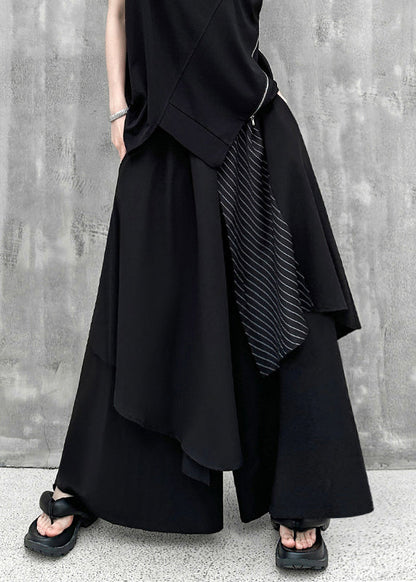 Modern Black Asymmetrical PocketsPatchwork Cotton Wide Leg Pants Fall Ada Fashion