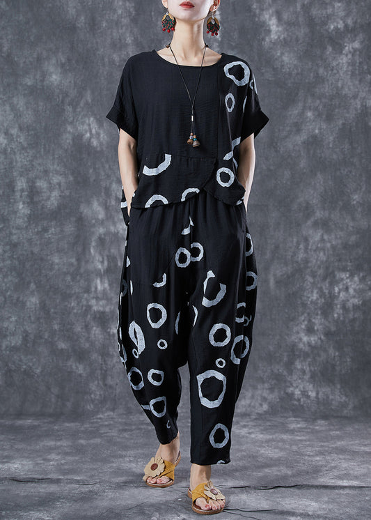 Modern Black Asymmetrical Print Linen Silk Two Pieces Set Summer LY5635 - fabuloryshop