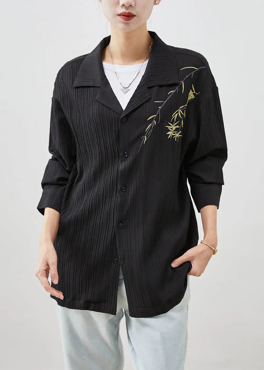 Modern Black Branch Embroidered Cotton Shirt Fall Ada Fashion