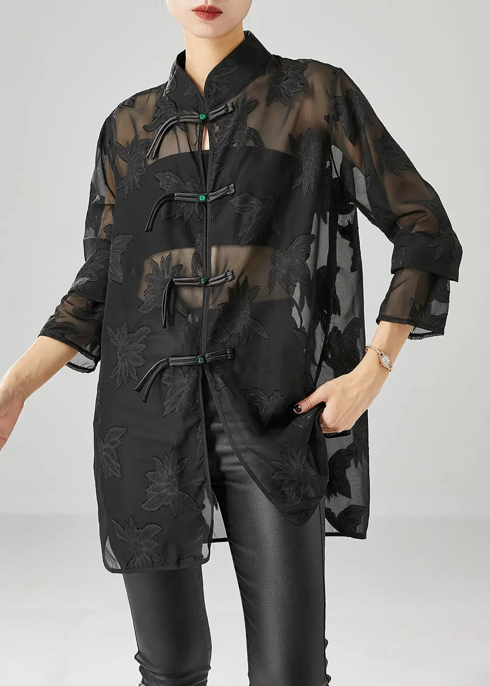 Modern Black Chinese Button Appliqued Chiffon Tops Fall Ada Fashion