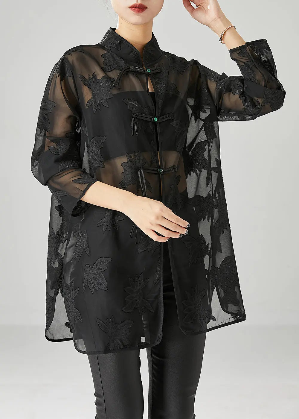 Modern Black Chinese Button Appliqued Chiffon Tops Fall Ada Fashion