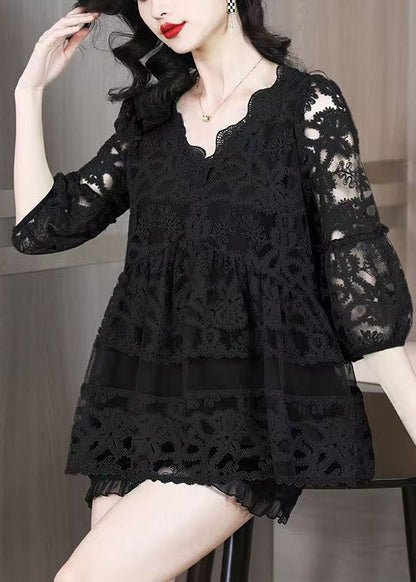 Modern Black Embroideried Patchwork Tulle A Line Tops Bracelet Sleeve LY3712 - fabuloryshop