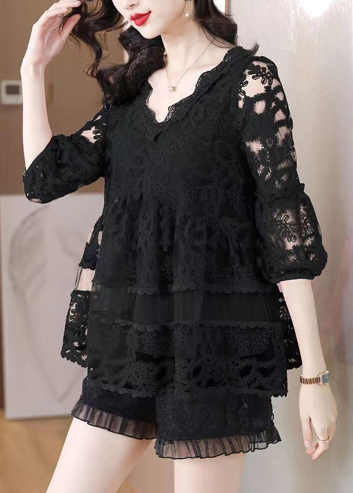 Modern Black Embroideried Patchwork Tulle A Line Tops Bracelet Sleeve LY3712 - fabuloryshop