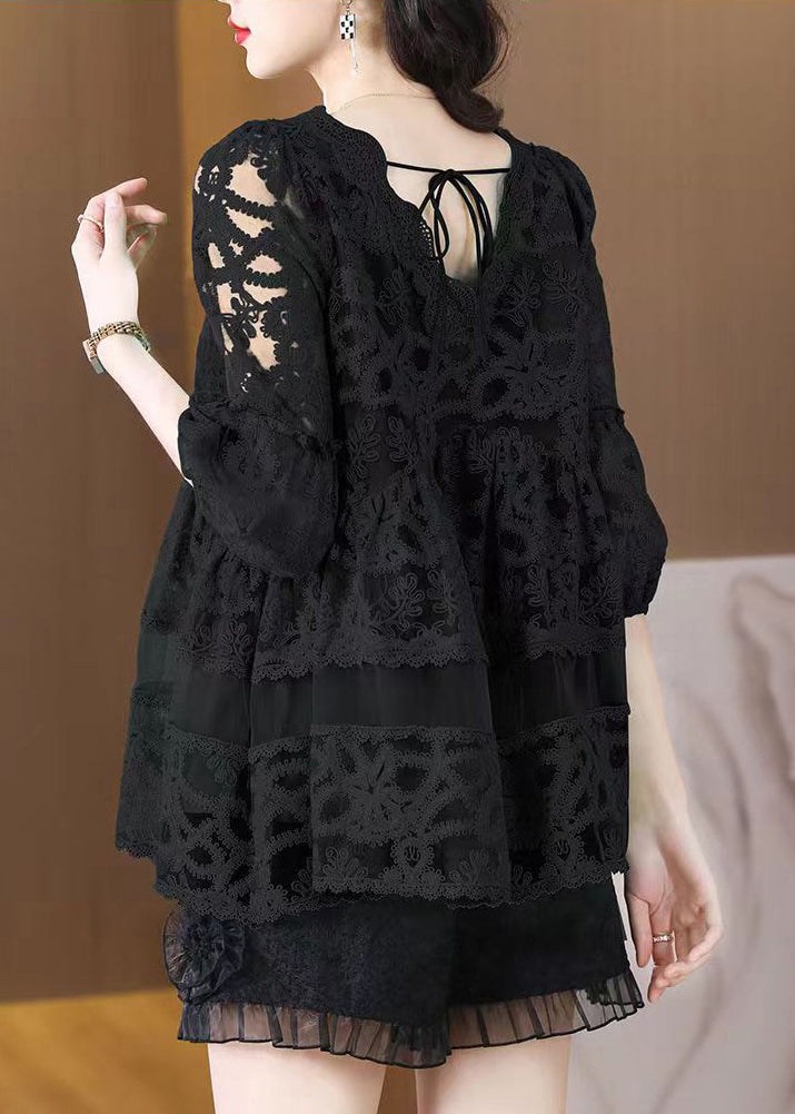 Modern Black Embroideried Patchwork Tulle A Line Tops Bracelet Sleeve LY3712 - fabuloryshop