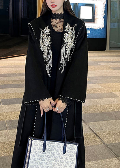 Modern Black Embroideried Tie Waist Woolen Trench Coat Long Sleeve Ada Fashion