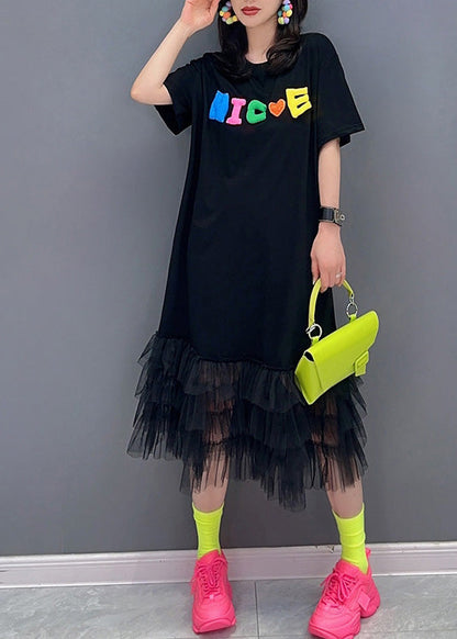 Modern Black Graphic Print Tulle Patchwork Maxi Dresses Summer LY4380 - fabuloryshop