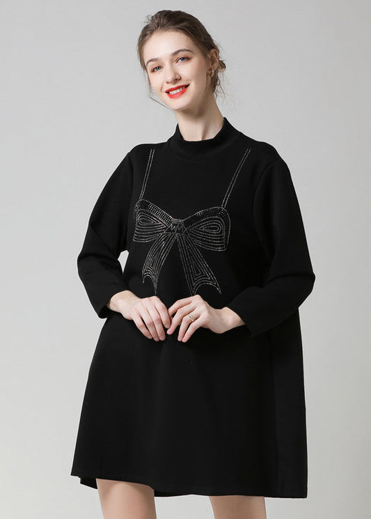 Modern Black High Neck Ruffled Patchwork Bow Cotton Robe Dresses Spring LY0276 - fabuloryshop