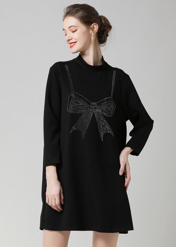 Modern Black High Neck Ruffled Patchwork Bow Cotton Robe Dresses Spring LY0276 - fabuloryshop