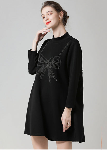 Modern Black High Neck Ruffled Patchwork Bow Cotton Robe Dresses Spring LY0276 - fabuloryshop